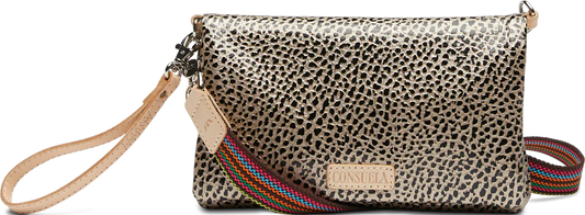 Consuela Wesley Uptown Crossbody in cream speckled fabric with colorful striped crossbody strap and tan leather trim