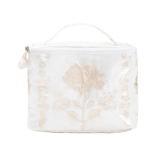 Lenora Peony Train Case in ivory with embroidered beige peonies, top handle, and beige tassel accent