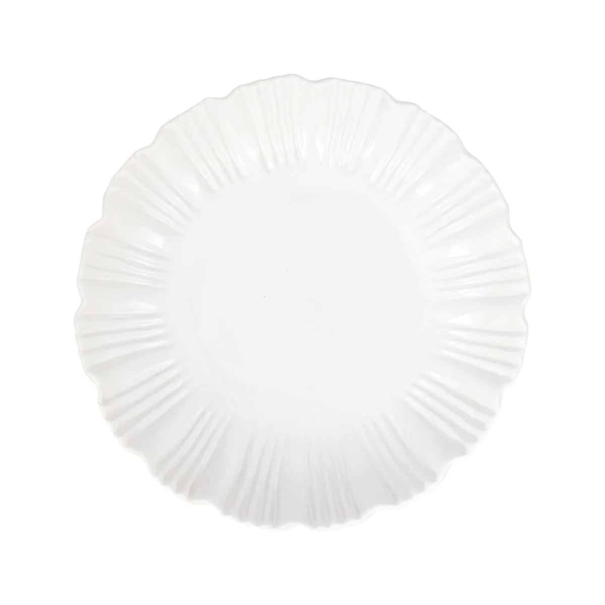 A white, round Vietri Bari White Shallow Serving Bowl with a scalloped, textured edge, viewed from above on a plain background. This Vietri serving bowl is microwave and dishwasher safe, combining elegance with everyday convenience.