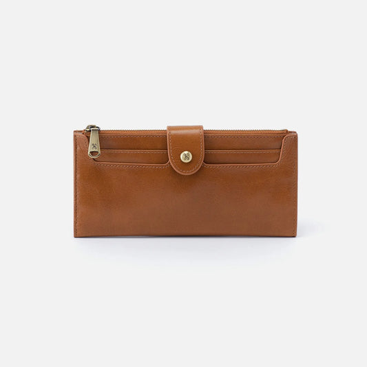 HOBO Dunn Continental Wallet in cognac leather with snap closure and card slots, front view