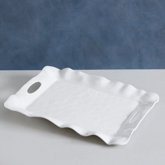 Beatriz Ball Vida Havana Rectangular Tray with Handles in white with scalloped wavy edges