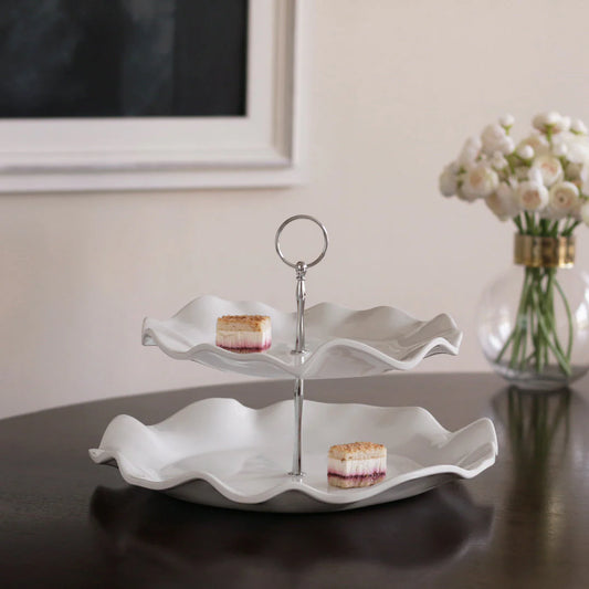 Beatriz Ball VIDA Havana Two Tiered Server in white with wavy edges and metal handle