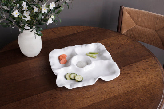 Beatriz Ball Vida Havana white multi chip and dip server styled with fresh vegetables on wooden table