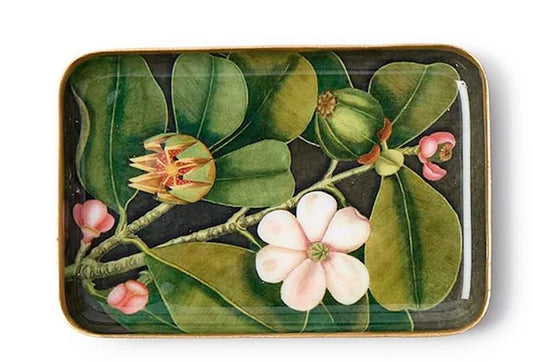 Two's Company metal tray with vintage fruits and flowers design showing yellow flowers, white blooms, and lush green leaves