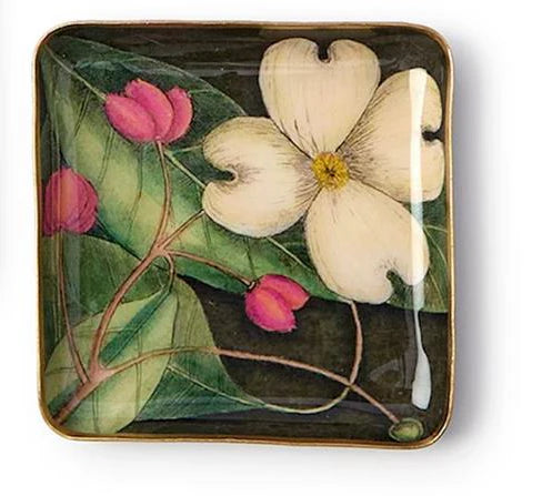 Two's Company metal tray with vintage floral print of white dogwood flowers and pink buds on dark background