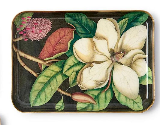 Two's Company metal tray with vintage magnolia print displaying large cream flowers, pink pineapple, and verdant foliage
