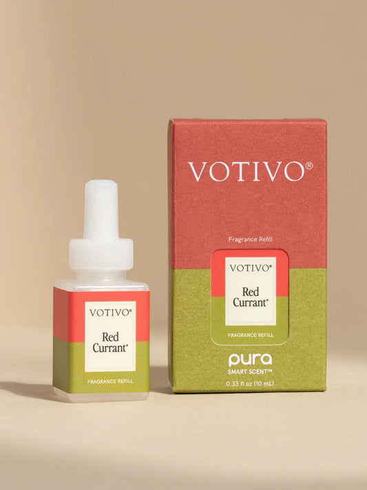 Votivo Red Currant fragrance refill bottle with coral and chartreuse box packaging