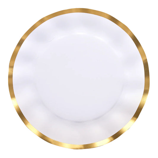 Sophistiplate Wavy Dinner Plate in white with gold foil rim and wavy edge detail