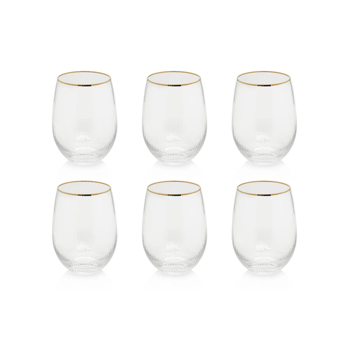 Six Zodax "Ottica" stemless wine glasses, each with a delicate gold rim, are arranged in two rows of three on a white background.