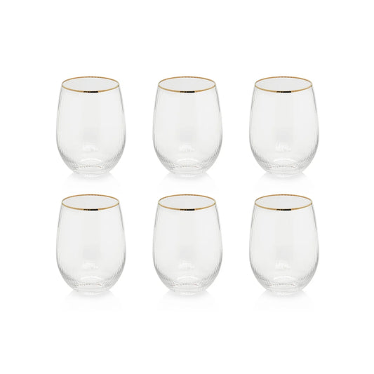 Six Zodax "Ottica" stemless wine glasses, each with a delicate gold rim, are arranged in two rows of three on a white background.