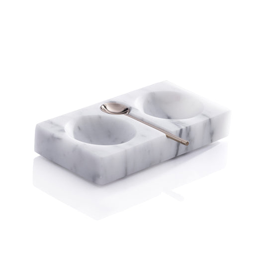 Zodax Marble Salt and Pepper Dish with two compartments and silver spoon, white marble