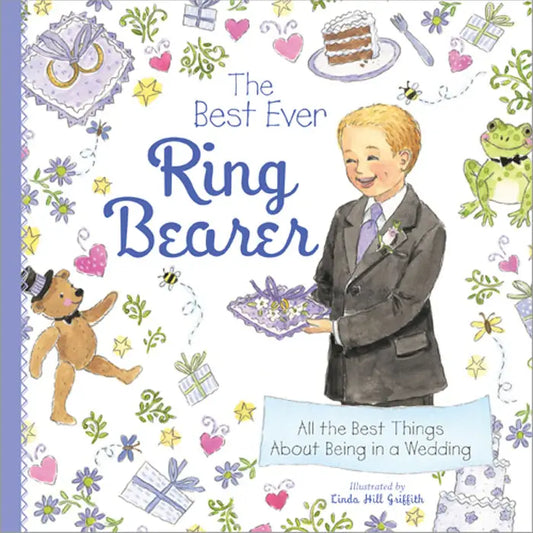 Sourcebooks The Best Ever Ring Bearer book cover with illustration of smiling boy in gray suit holding purple ring pillow, surrounded by