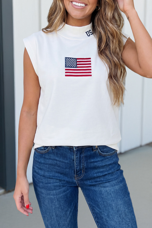 LA Society LAS USA flag embroidered tank top white, side angle showing flag design detail