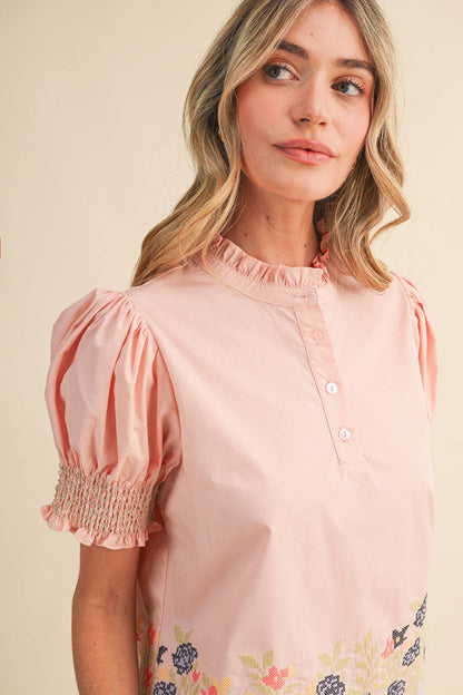 &MERCI - FLORAL EMBROIDERY SMOCKED PUFF SLEEVE TOP