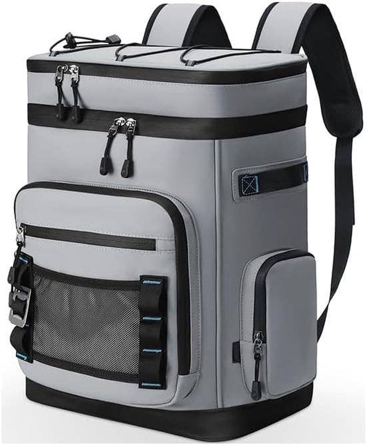 VIGOR waterproof insulated cooler backpack in gray and black with dual shoulder straps and multiple zippered compartments