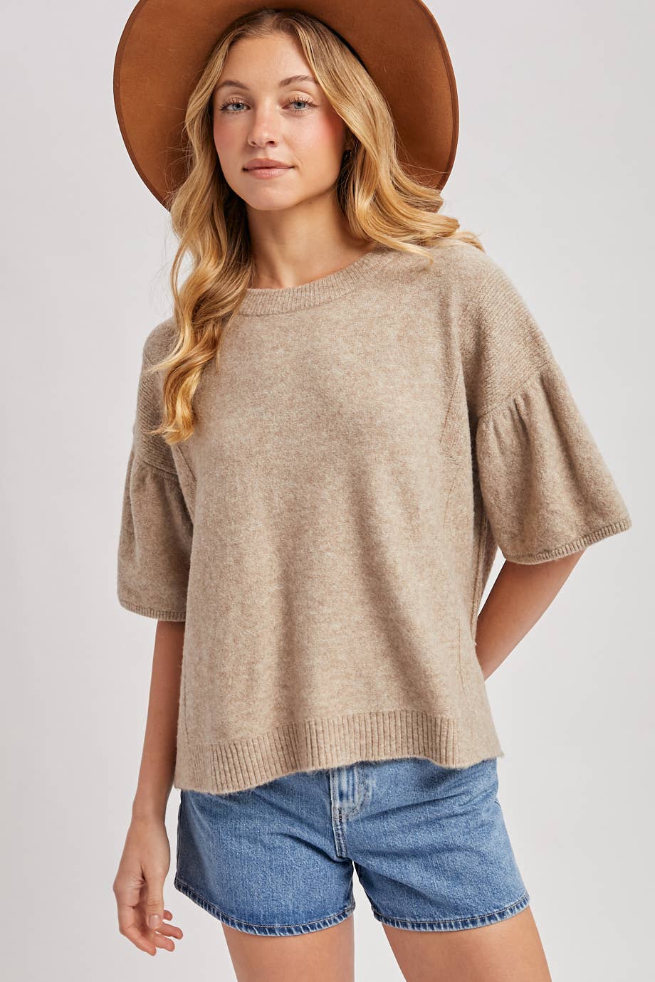 Bluivy - GATHERED SHORT SLEEVE BOXY KNIT SWEATER TOP