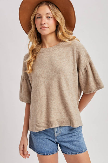 Bluivy - GATHERED SHORT SLEEVE BOXY KNIT SWEATER TOP