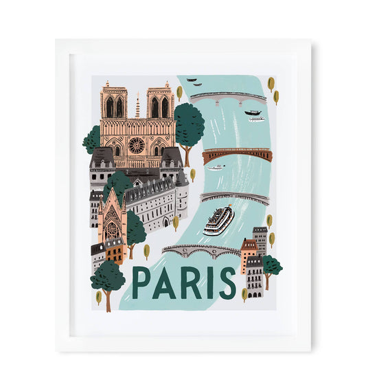 Rifle Paper Co. Paris World Traveler art print in white frame showing Notre-Dame, cityscape, and Seine River illustration