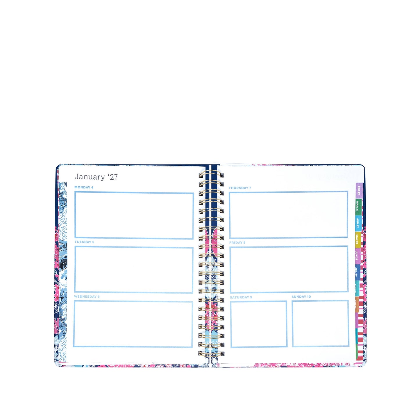 A Lilly Pulitzer by Lifeguard Press Jumbo 17 Month Agenda, In All Her Glory, lies open to the weekly layout for January 2027, featuring spacious daily boxes and vibrant floral borders in the signature colorful style.