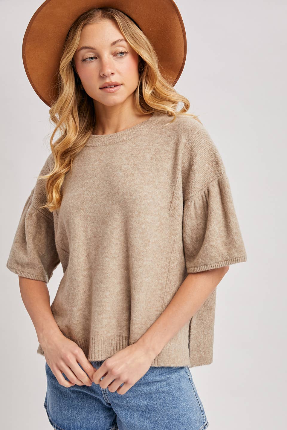 Bluivy - GATHERED SHORT SLEEVE BOXY KNIT SWEATER TOP