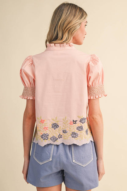 &MERCI - FLORAL EMBROIDERY SMOCKED PUFF SLEEVE TOP