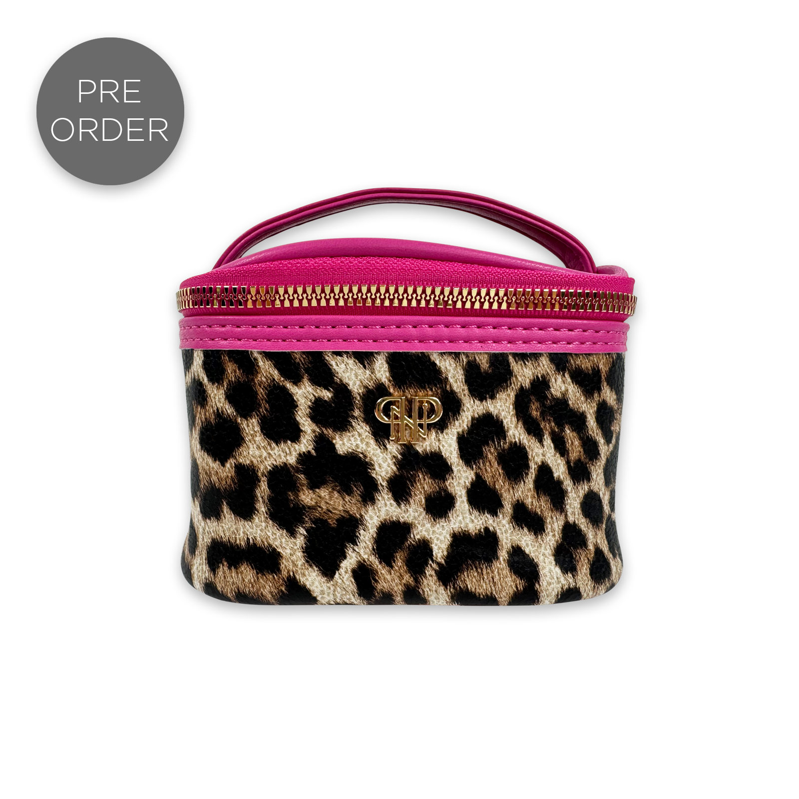 The PurseN - NEW Getaway Jewelry Case - Fierce Leopard is a small bag featuring a chic leopard print body, gold zipper, and pink handles. Designed as a stylish jewelry organizer by PurseN (new), it displays a gold logo on the front and includes a circular “PRE ORDER” label in the top left corner on a gray background.