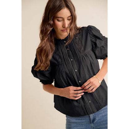 So Me - LACE PINTUCK BUTTON SHORT SLEEVES COTTON BLOUSE TOP