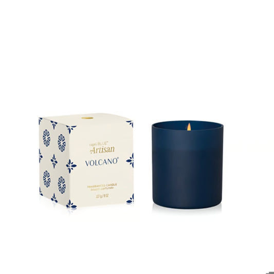 Capri Blue Artisan Terrazza Velluto navy tumbler candle with cream patterned box packaging