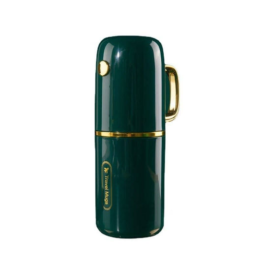 VIGOR forest green cylindrical toothbrush holder with gold band and handle, closed position