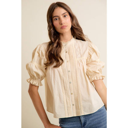 So Me - LACE PINTUCK BUTTON SHORT SLEEVES COTTON BLOUSE TOP