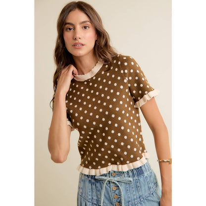 So Me - POLKA DOT RUFFLED SHORT SLEEVES SWEATER KNIT TOP
