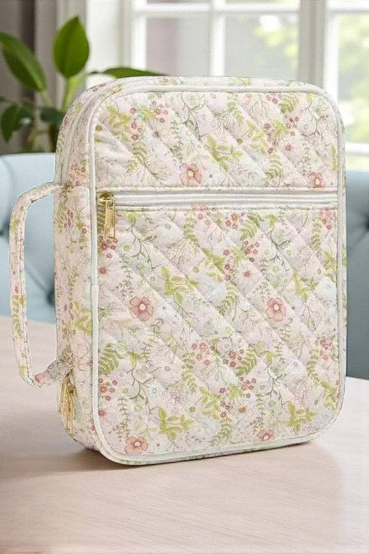 Nash Grey Ruth pink floral print quilted Bible cover with handle and gold zipper, front view