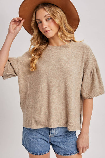 Bluivy - GATHERED SHORT SLEEVE BOXY KNIT SWEATER TOP