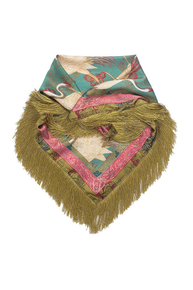 Fringed Floral Crane Print Square Scarf