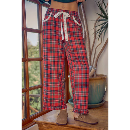 So Me - RUFFLED BOTTOM DETAIL CHRISTMAS PLAID CHECK LACE TRIM PANTS
