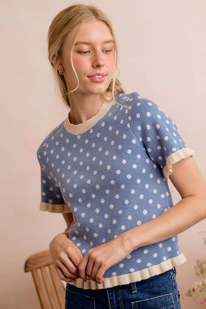 So Me - POLKA DOT RUFFLED SHORT SLEEVES SWEATER KNIT TOP