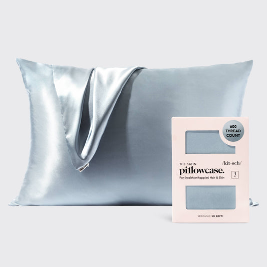 Haze blue KITSCH satin pillowcase with elastic band and packaging displayed together
