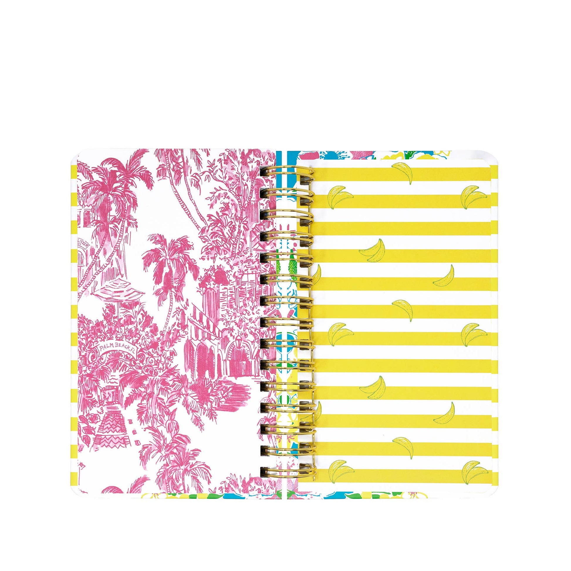 The Lilly Pulitzer by Lifeguard Press - Medium 17 Month Agenda, Lovely Lilly features an open spiral-bound design with pink palm tree illustrations on the left page and yellow-striped pages adorned with small banana drawings on the right.