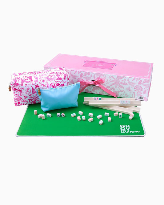 Oh My Mahjong! Aloha Travel Mahjong Set with pink case, green mat, tiles, and floral print accessories