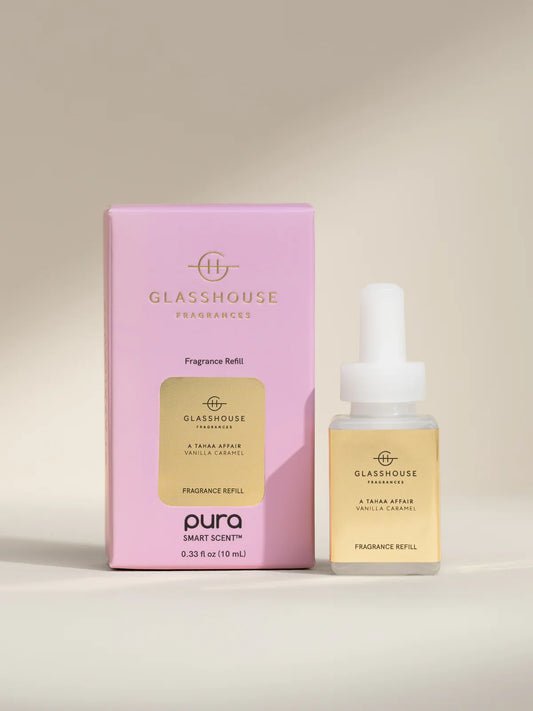 Glasshouse pink box with Pura fragrance refill and clear glass bottle with white pump, A Taiga Affair Vanilla Caramel scent