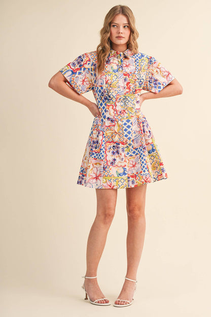 &MERCI - EXCLUSIVE FLORAL FIT & FLARE SHORT SLEEVE MINI DRESS