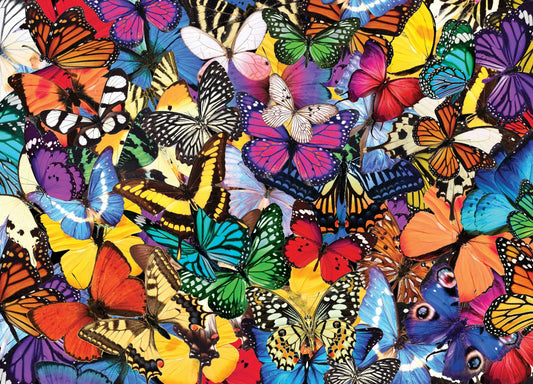 Vibrant 500-piece jigsaw puzzle featuring densely packed colorful butterflies in orange, blue, purple, yellow, and pink