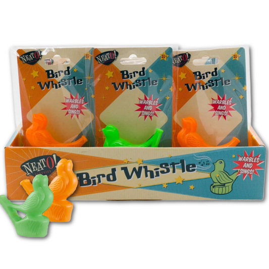 Toysmith Neato! Bird Whistle display box with three packaged whistles in orange and green plastic bird shapes