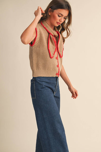 &MERCI - TIE NECK SWEATER VEST WITH CONTRAST BLANKET STITCH MSW11059