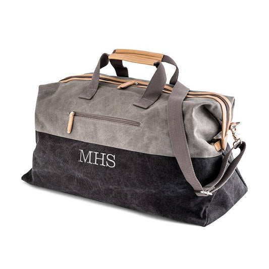 Weddingstar Inc. Large Canvas Travel Duffle Bag in black and gray with wooden handles and monogrammed MHS
