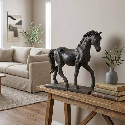 Sagebrook Home black resin cracked horse sculpture on wooden console table in living room
