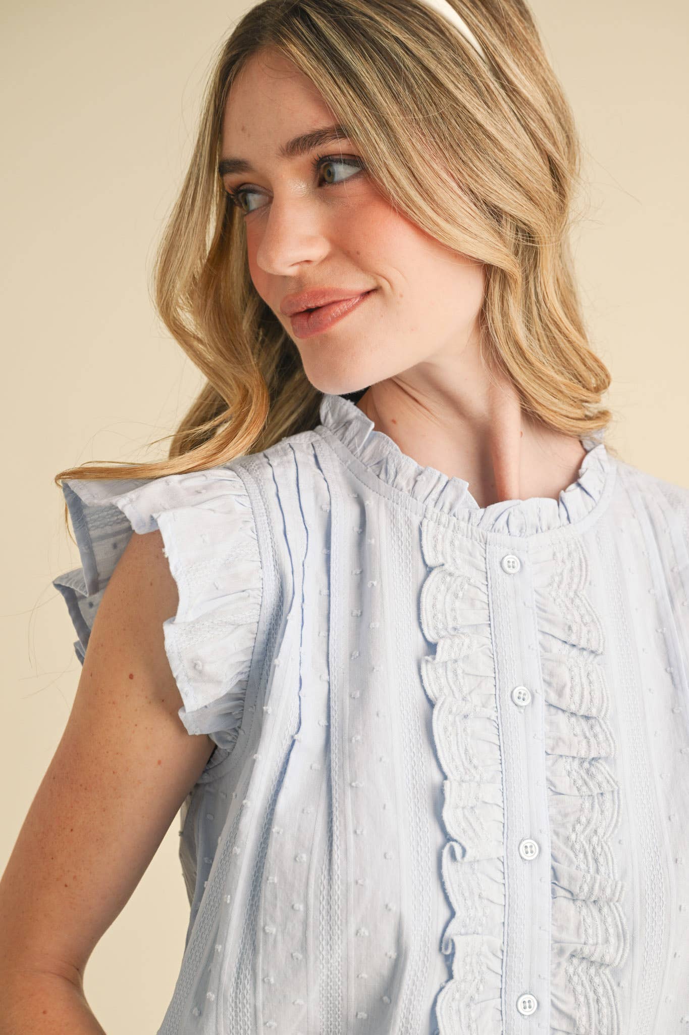 &MERCI - Ruffle Trim Button Down Top in Blue