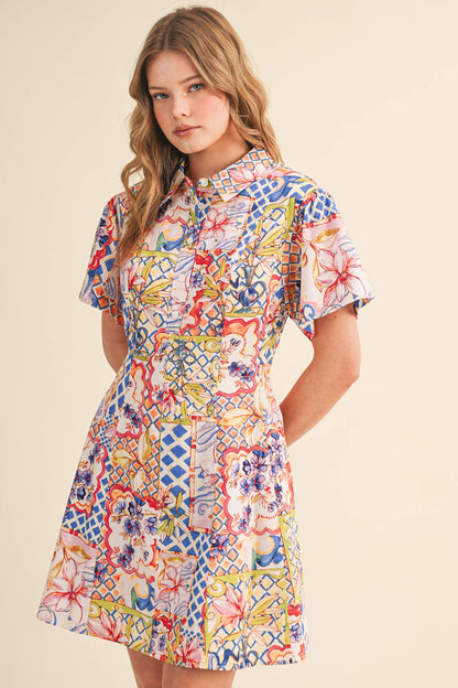 &MERCI - EXCLUSIVE FLORAL FIT & FLARE SHORT SLEEVE MINI DRESS