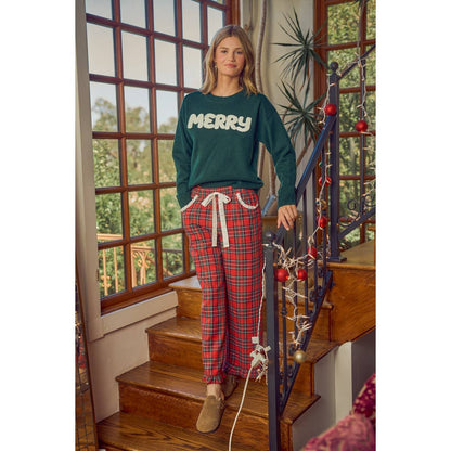So Me - RUFFLED BOTTOM DETAIL CHRISTMAS PLAID CHECK LACE TRIM PANTS
