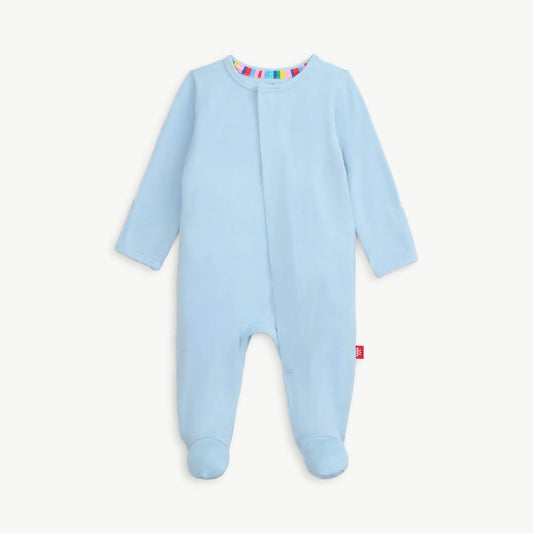 Magnetic Me Baby Blue Magnetic Coverall in light blue with rainbow neckline and magnetic closures